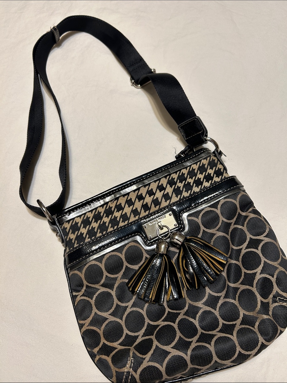 Nine West Black and Tan Patterned Crossbody with Tassels